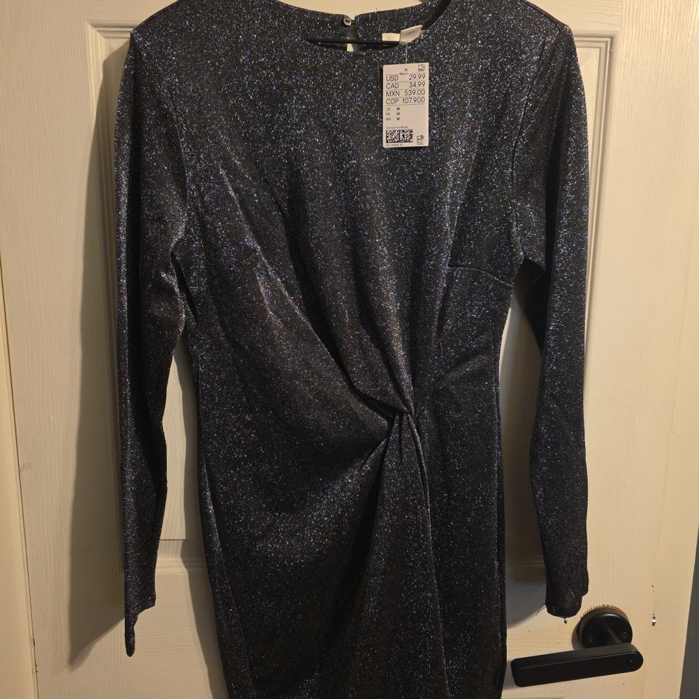 H&M Midi Black Silver Sparkling Glitter Dress New Years Womens M -NWT